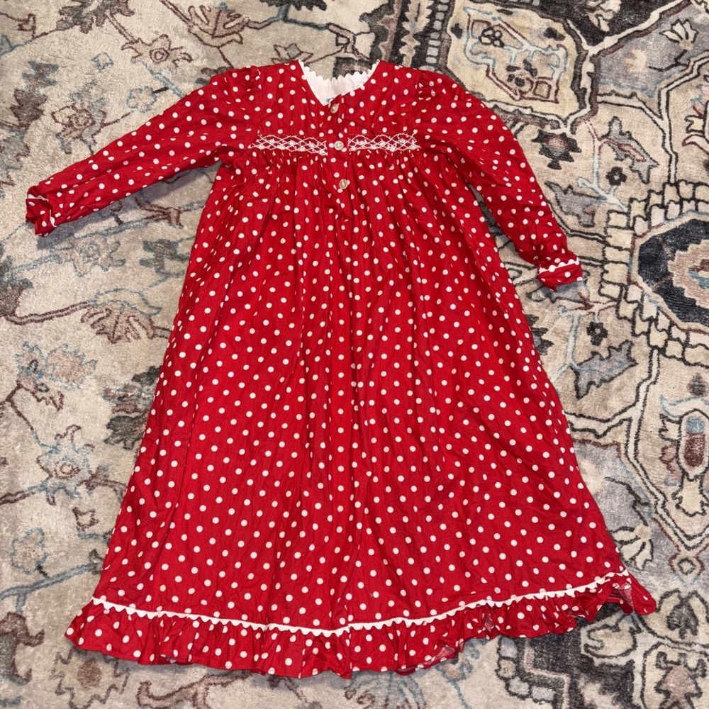 Anavini Red White Polka Dot Smocked Dress 4 Long Sleeve Maxi Dress Cotton B1‎